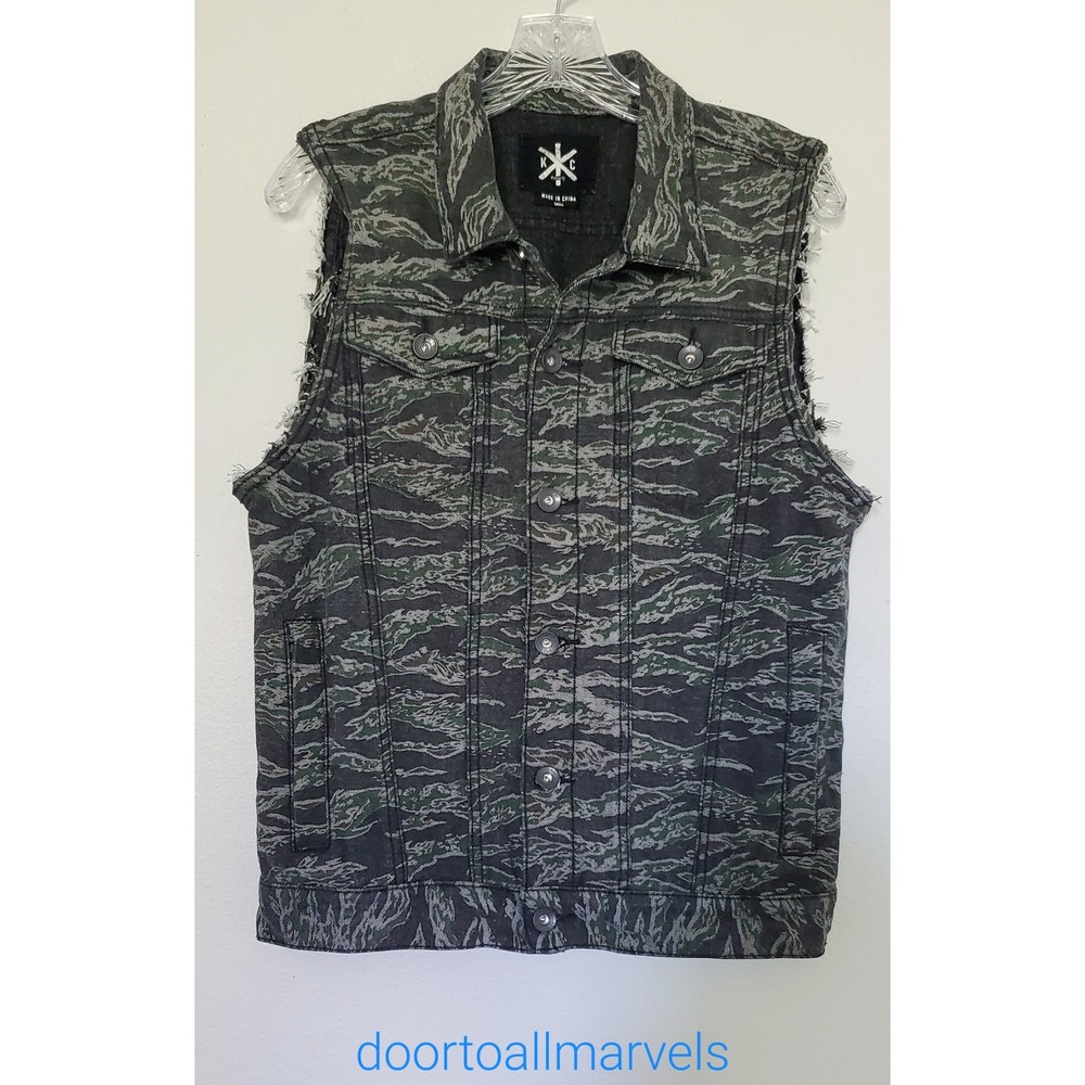 Kill City Denim Vest Moto Camo Print Biker Hunting Utility Men sz Small
